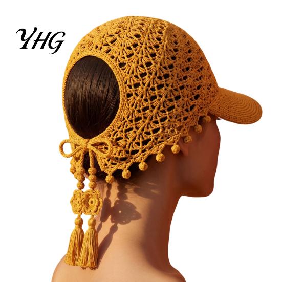 Hand Crocheted Floral Cap Sunflower Baseball Cap, Bohemian Tassel Bell Hat, Handmade Knit Cutout Spring Summer Fashion Beanie Caps, Colored