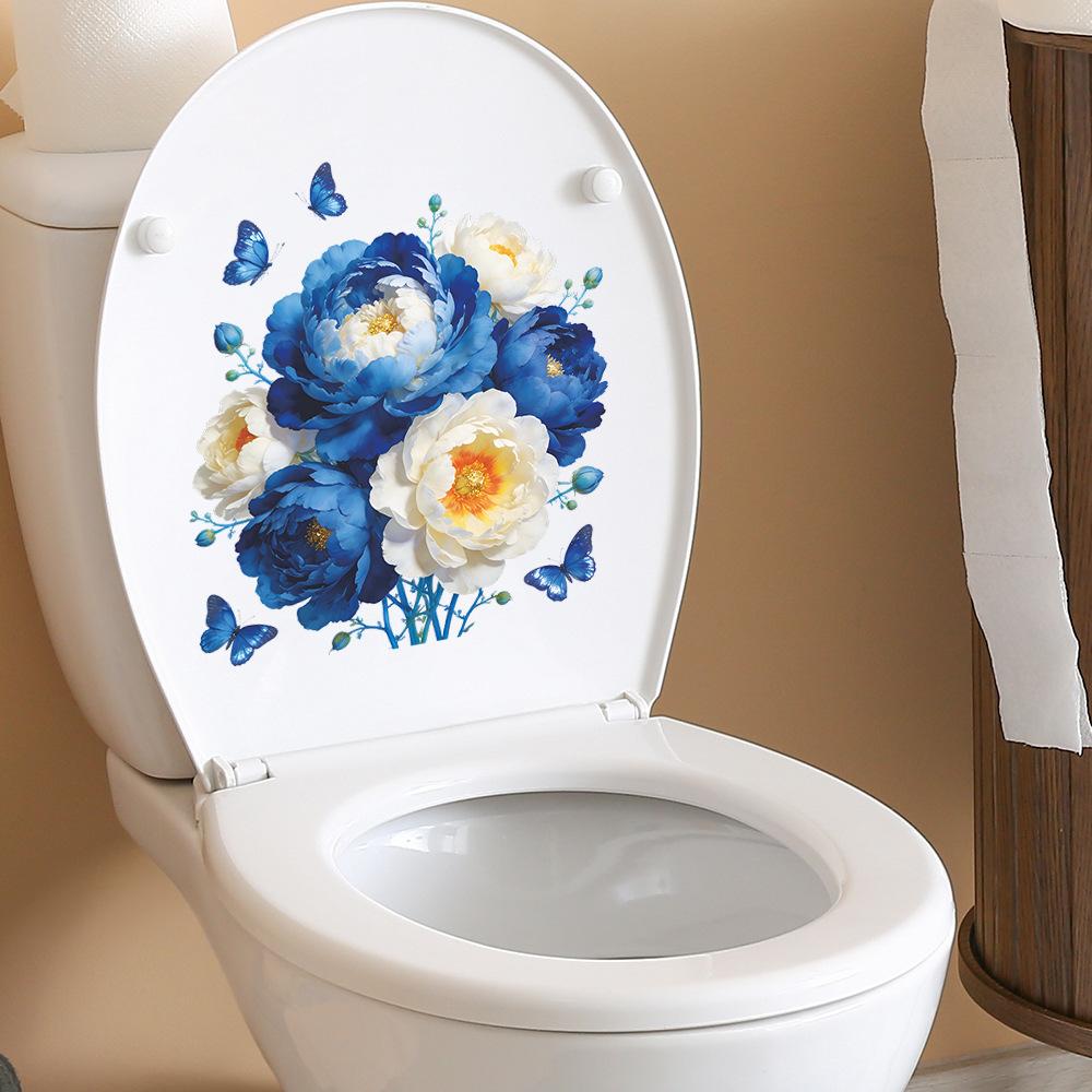 Painted Peony Flower and Butterfly Bathroom and Toilet Decoration Beautifying Wall Stickers