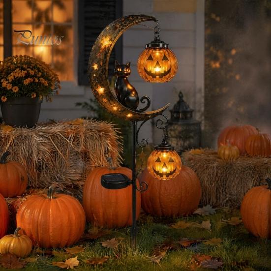 Waterproof Solar Stakes for Flower Beds Halloween Garden Stake Light, Black Cat Pumpkin on Crescent Moon with Weather Resistant Fall Ornaments Hanging