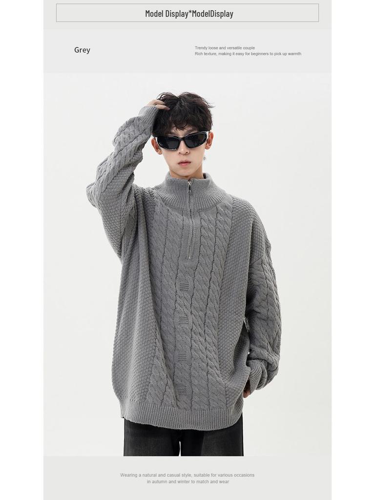 2026 Korean-Style Half-Zip Knit Sweater: Solid Color, Half-High Collar, Casual Autumn/Winter Youth Fashion.