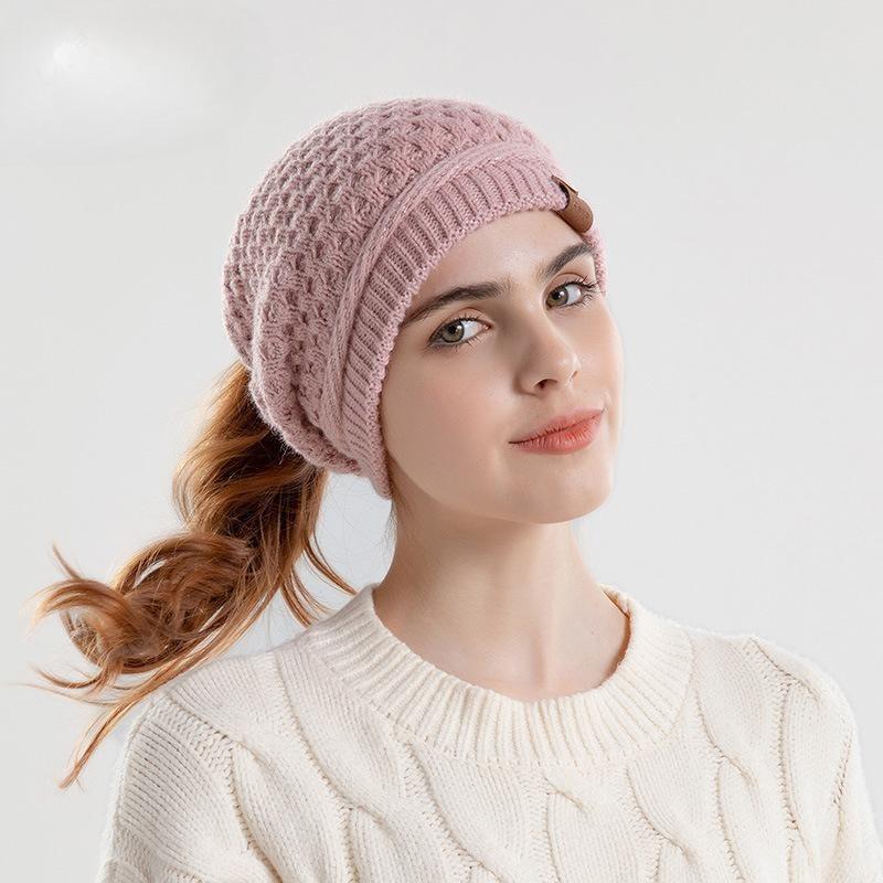 Autumn and Winter Warm Ear Protection Pullover Hat Women's Hat Ponytail Hole Knitted Hat European and American Wool Hat Tide