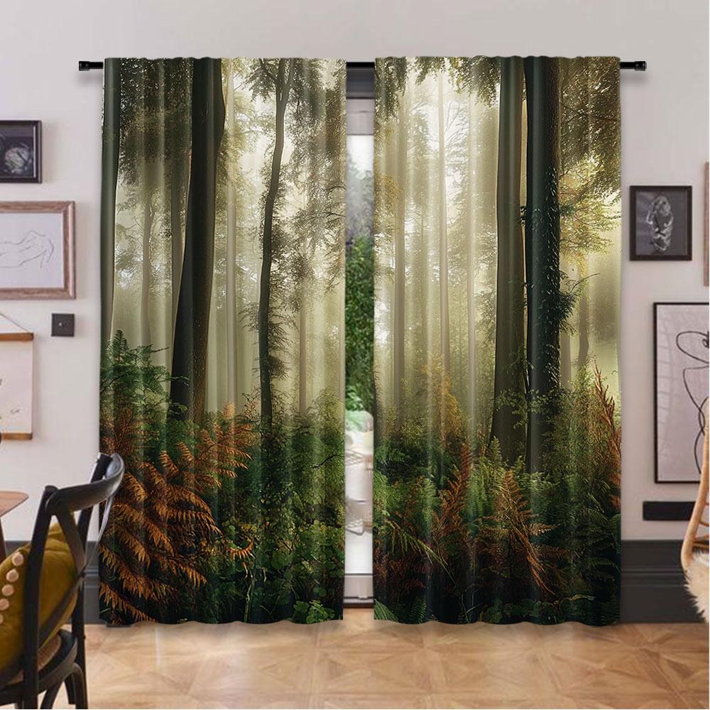 2Pcs Forest Curtain Mystic Dark Fog Atmosphere Deep In The Forest Woodland Nobody Silence For Living Room Bedroom Dining Room