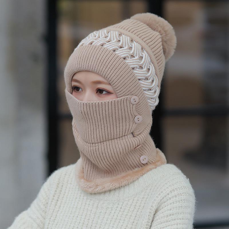 One-piece hat women's hollow knitted plush wool one-piece hat outdoor cycling cold protection ear protection winter
