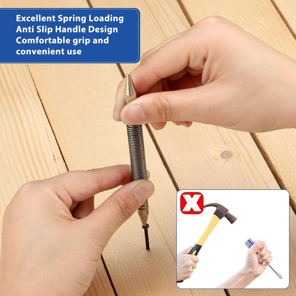 Dubbelhuvudad spikslagare och gångjärnsstiftstansset Lagerstål Fjäderspikslagare för trä, metall, plast Fjäderspikslagare Centerpunch