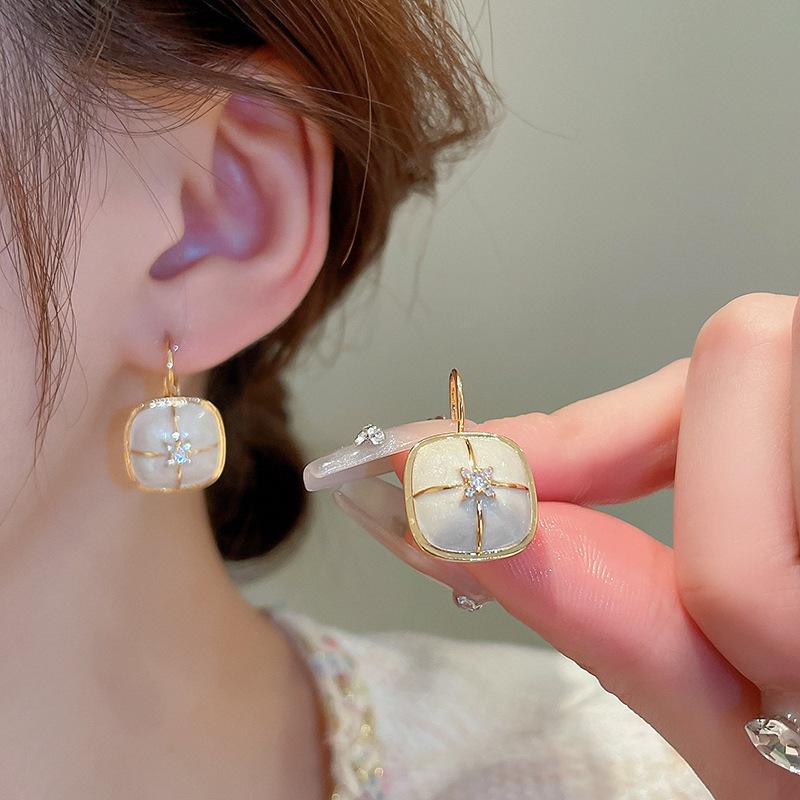 Zircon square oil drop ear buckle French niche design earrings fashion high-end earrings