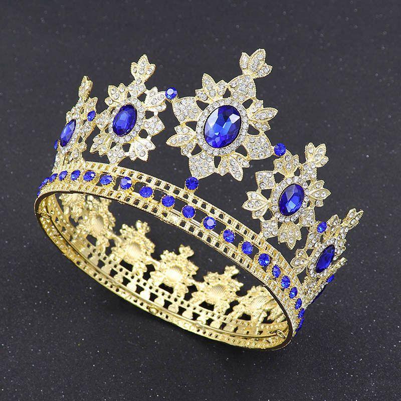

New Arrival Bride Ornament Fashion Crystal Full Circle Big Crown Export Rhinestone Crown Birthday Banquet Marriage Headdress Female Gold Blue