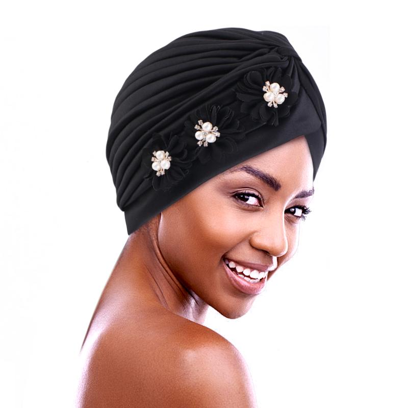 Flower Pearl Turban Pleated Inner Hijab Hat Women Chemo Cap Muslim Headscarf Beanies Bonnet Arab Islamic Hair Loss Turbante