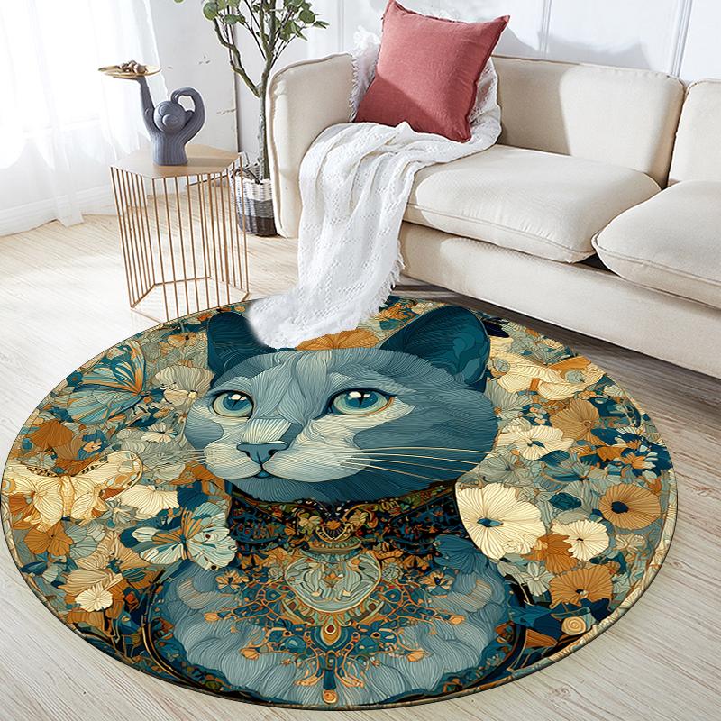 Cat and Flowers pattern round rug,Carpet Rug for Living Room Bedroom Sofa Playroom Decor,Non-slip Floor Mat,Holiday Gifts and Birthday Gifts