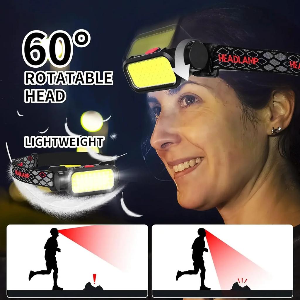 New COB LED Headlights Outdoor Household Portable Headlamp with Built-in 1200mAh Battery Flashlight USB Rechargeable Head Lamp