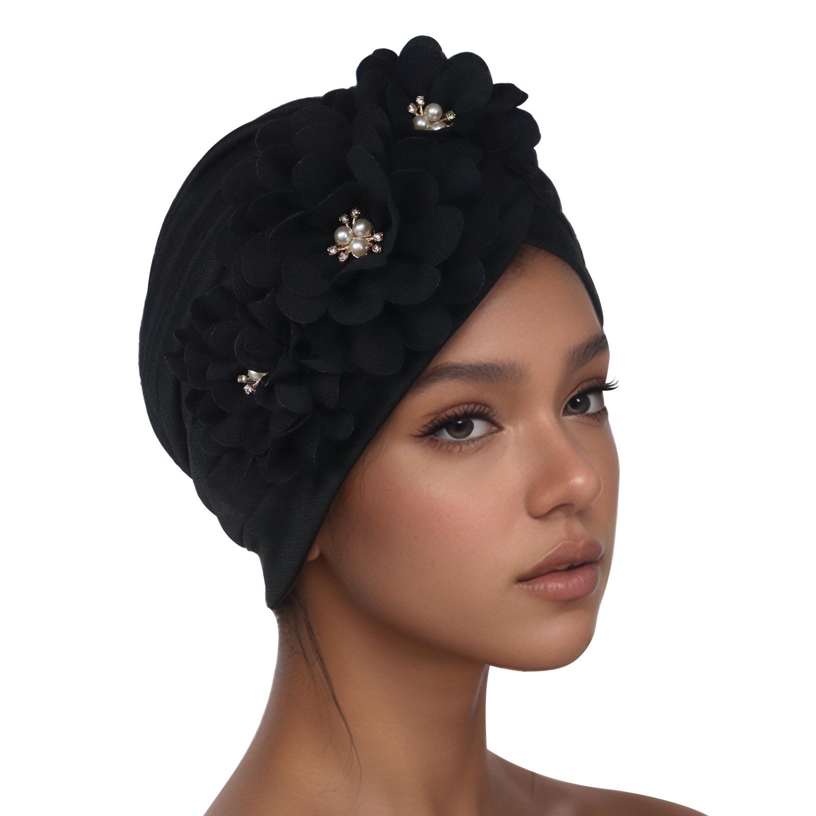 

African Traditional Muslim Applique Pullover Hijab Hat One Size чорний