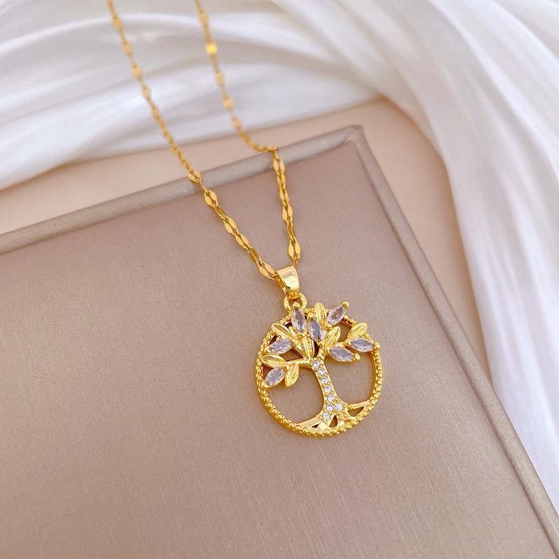 Tree Of Life Ring Light Luxury Temperament Gorgeous Full Diamond Necklace Women'S Versatile Clavicle Chain Titanium Steel Chain