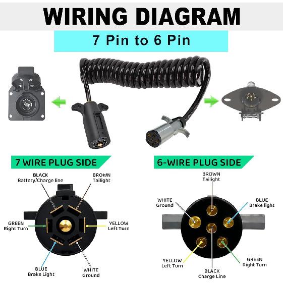 7 Pin To 6 Pin Trailer Adapter, RV 7 To 6 Trailer Wire Kit, 7-Wire To 6-Wire Coiled Cable with Female Receptor Trailer Adapter Stretches To 8-10 Feet
