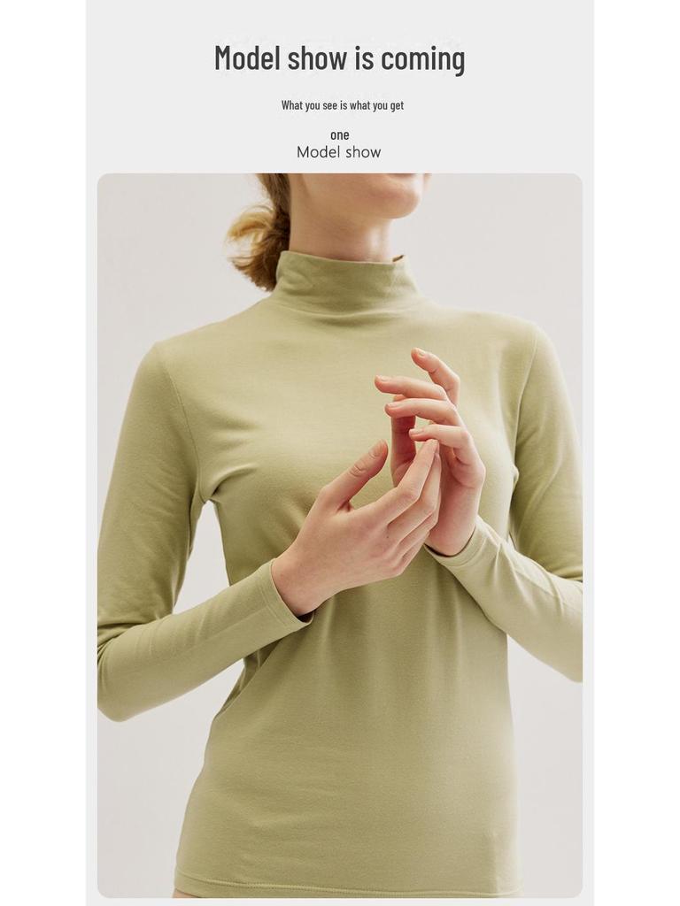 Women's Slim Fit Pure Cotton Mid-Neck Sweater - Solid Color, Autumn/Winter Warm Innerwear
