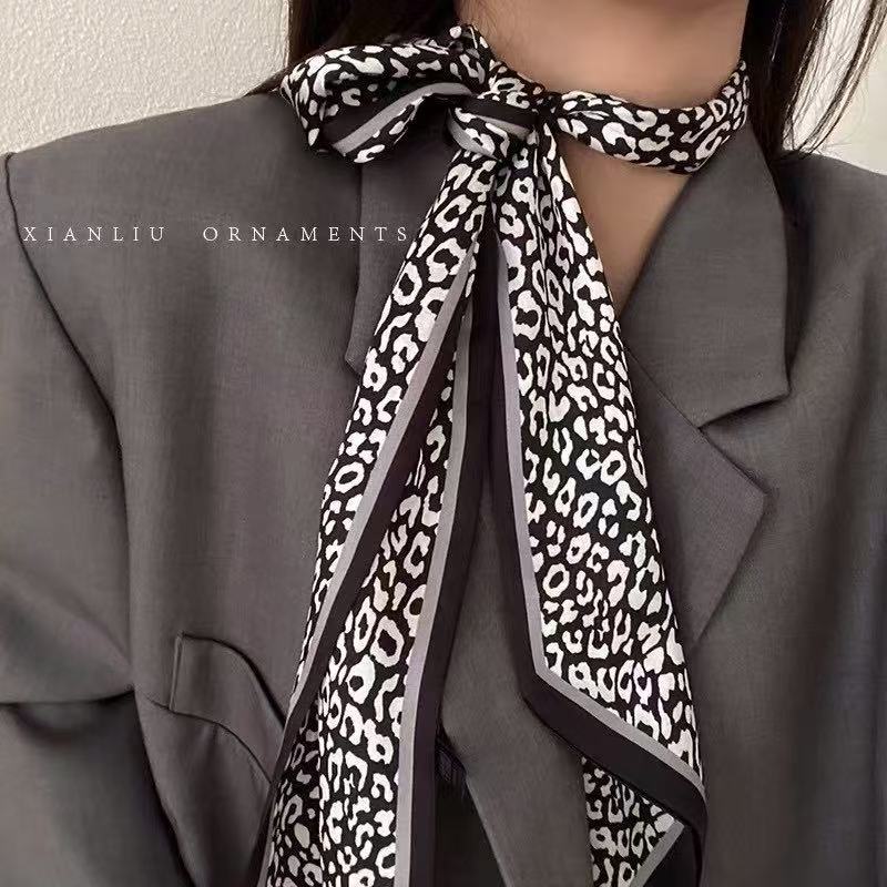 Thin and Narrow Long Silk Scarf Imitation Silk Versatile Decorative Scarf Fashionable Pointed Corner Headband Strap Streamer Striped Silk Scarf