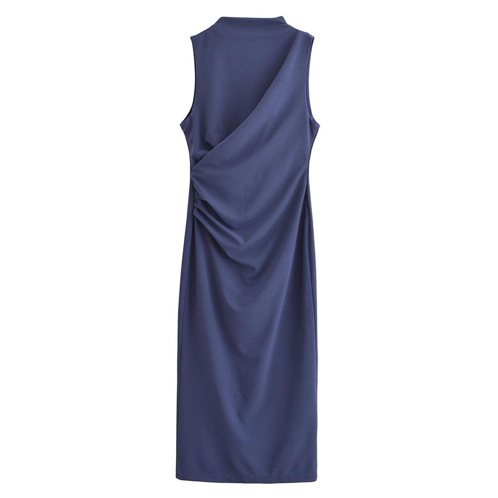 Spring 2025 Women's Pleated Midi Dress - Slim Fit with Waist-Gathering Design