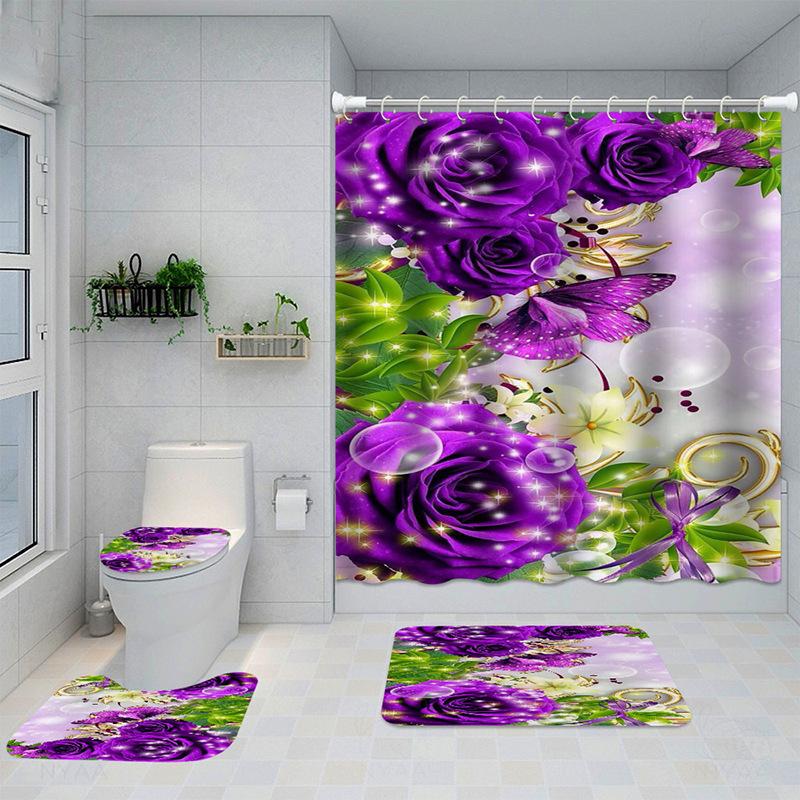 Bathroom Four-Piece Polyester Shower Curtain Rose Series 3D Digital Printing Shower Curtain Bathroom Partition Curtain Shower Curtain