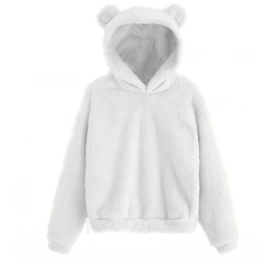 Women's Fashion Long Sleeve Solid Color Fleece  Ears Hooded Warm Sweater Sweatshirt