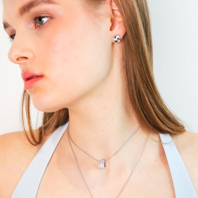 Dfarbe Silver Square Sapphire Topaz Piad Frame Stud Earrings