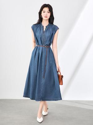 Damen Lyocell Tencel Jeanskleid: Lässiges & Elegantes Französisches Sommer-Langkleid