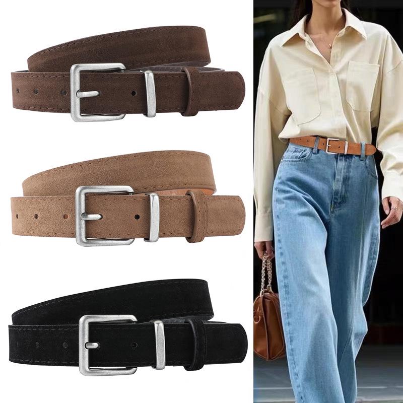 Women's Versatile Suede Belt with Retro Antique Silver Buckle - Fashionable Accessory for Jeans