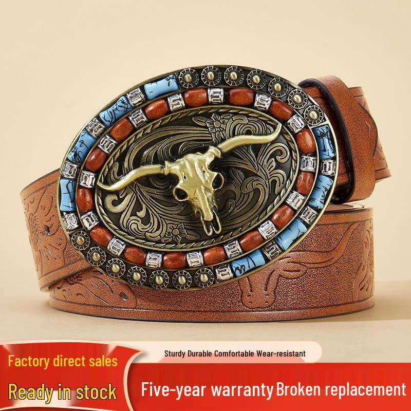 Men's Bull Head Western Leather Belt with Large Buckle