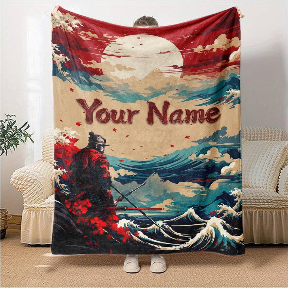 Name Custom Japanese Samurai Print Flannel Blanket High Quality Warm Comfortable Cover for All Seasons Perfect for Gifts Home Decor