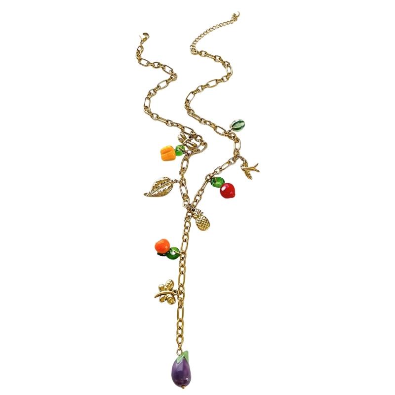 Vibrant Color Y Shaped Pendant Necklace Tropical Fruit Design Stainless Steel Adjustable for Beach Party Daily Wear 1