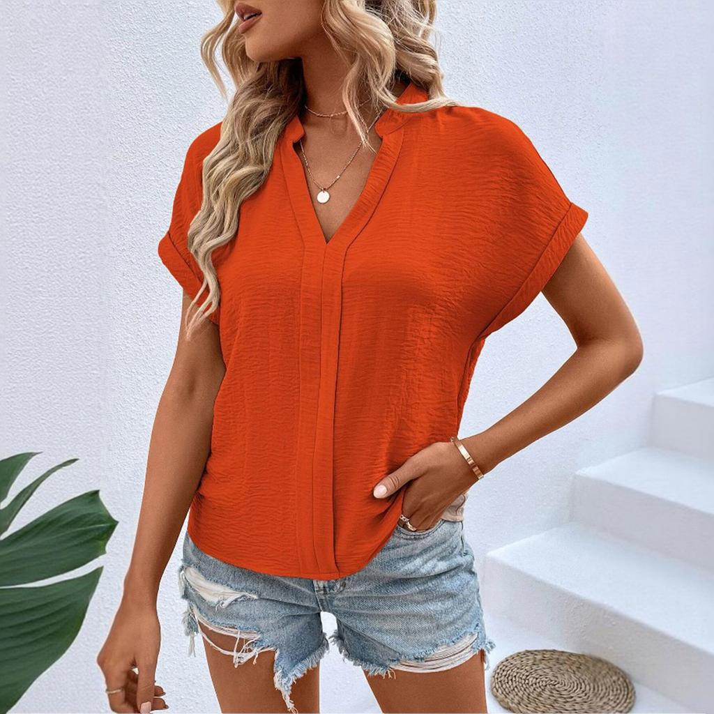 Women’s Short Sleeve Blouse Casual Loose Fit V Neck Top Lightweight Soft Fabric Summer Basic Shirt for Daily Wear