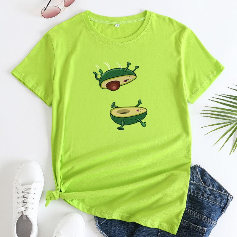 Seasonal Round Neck Avocado Pattern Printed Top Fashionable Casual Short Sleeved Women's Pure Cotton T-shirts