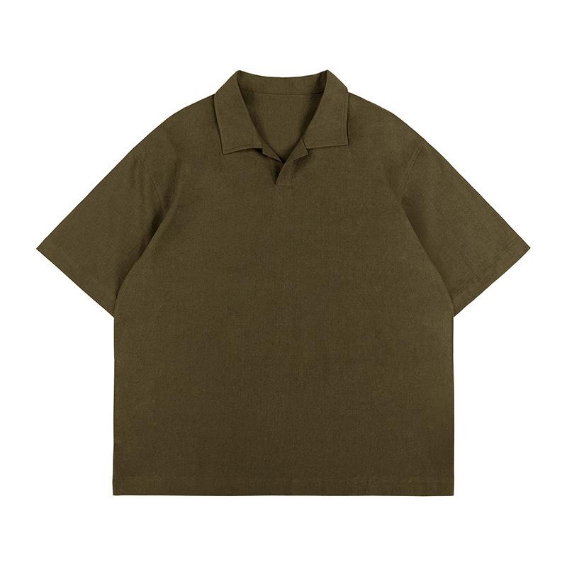 Linen Gull Collar Short Sleeve Polo Shirt Beige Casual Summer Top M армия зеленый