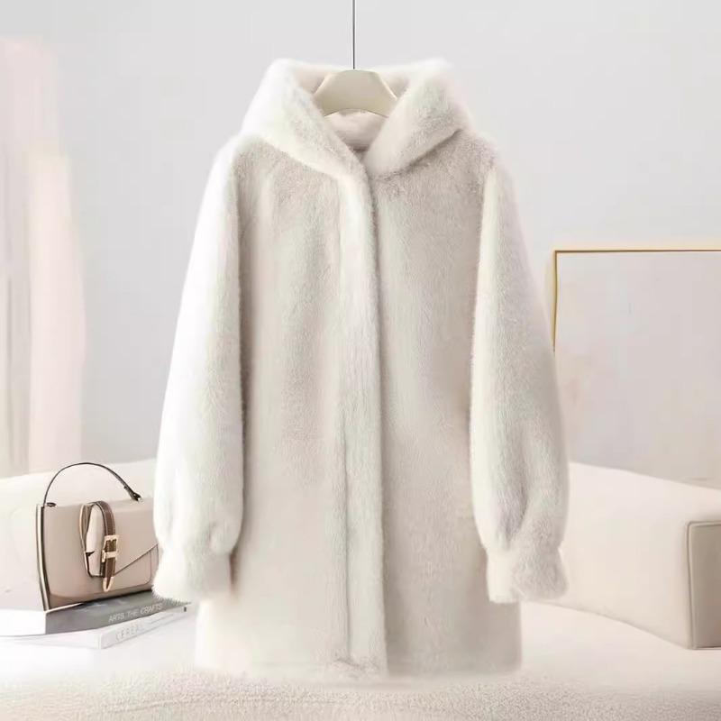 Autumn and Winter Women's Fur One-piece Faux Fur Hooded Mid-length Coat