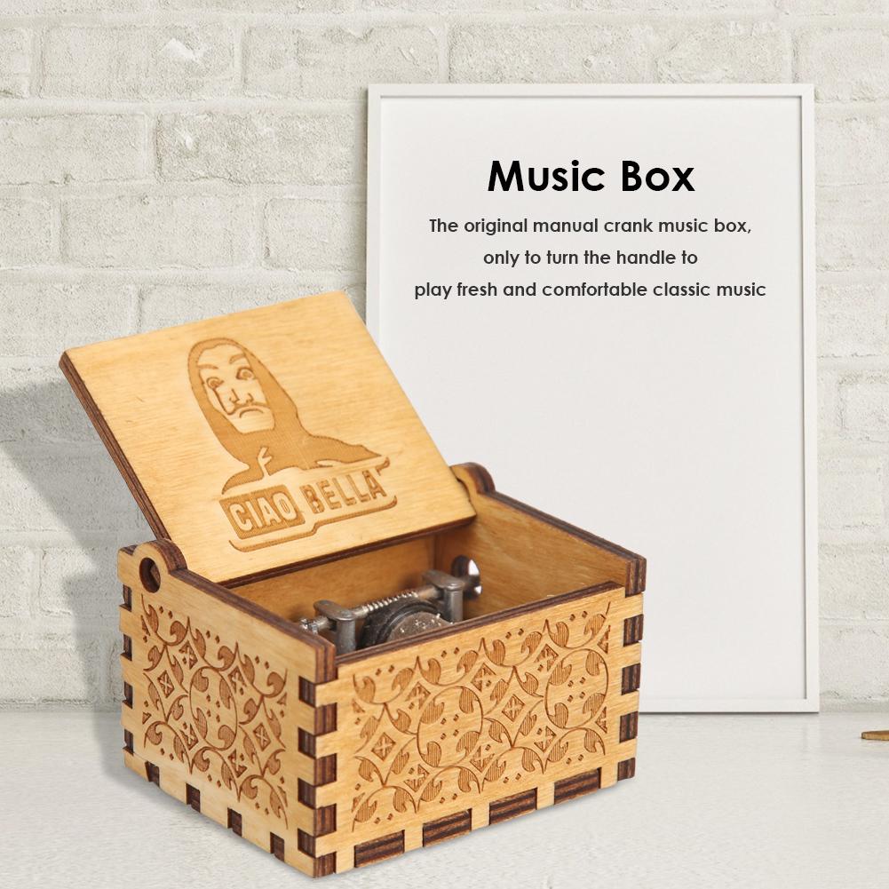 Retro Carved Wood Music Box Creative Chic Hand Cranked Music Box Wooden Hand Cranked Music Box Halloween Christmas Gifts