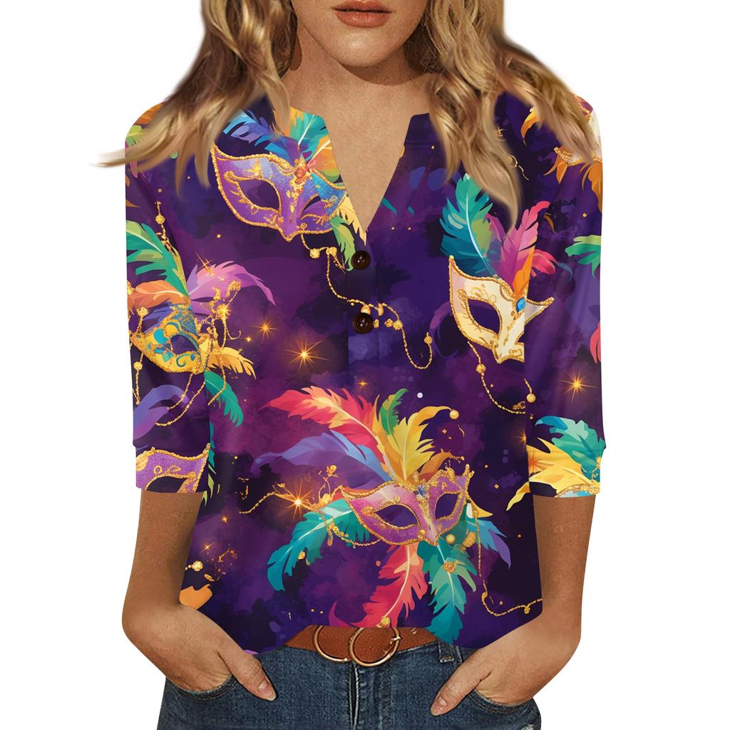 Women's Carnival Printed Fashionable Casual V-neck Button Seven Inch Sleeve T-shirt Top