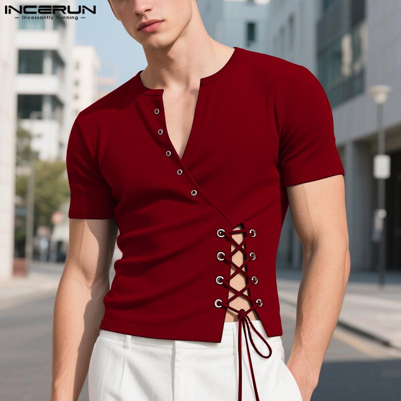 INCERUN Men V Neck Short Sleeve Bandage Rib Casual Fitted Short T-shirts Tops