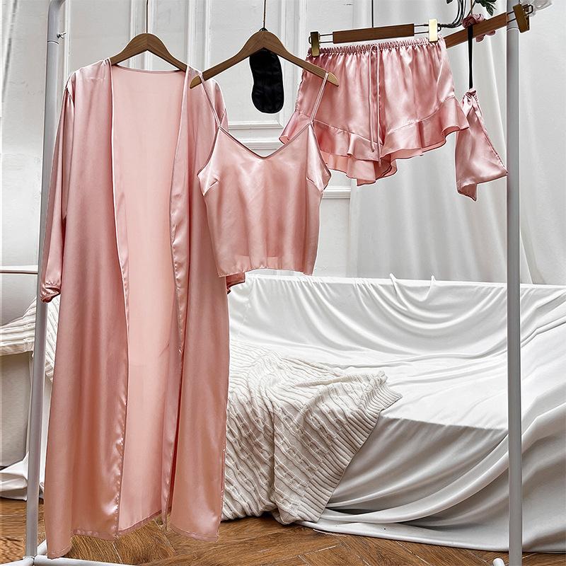 Female Sleepwear Pajamas Three-Piece Set Spring Summer Kimono Bathrobe Strap Top&Shorts Pijamas Suit Sexy Loose Satin Home Wear