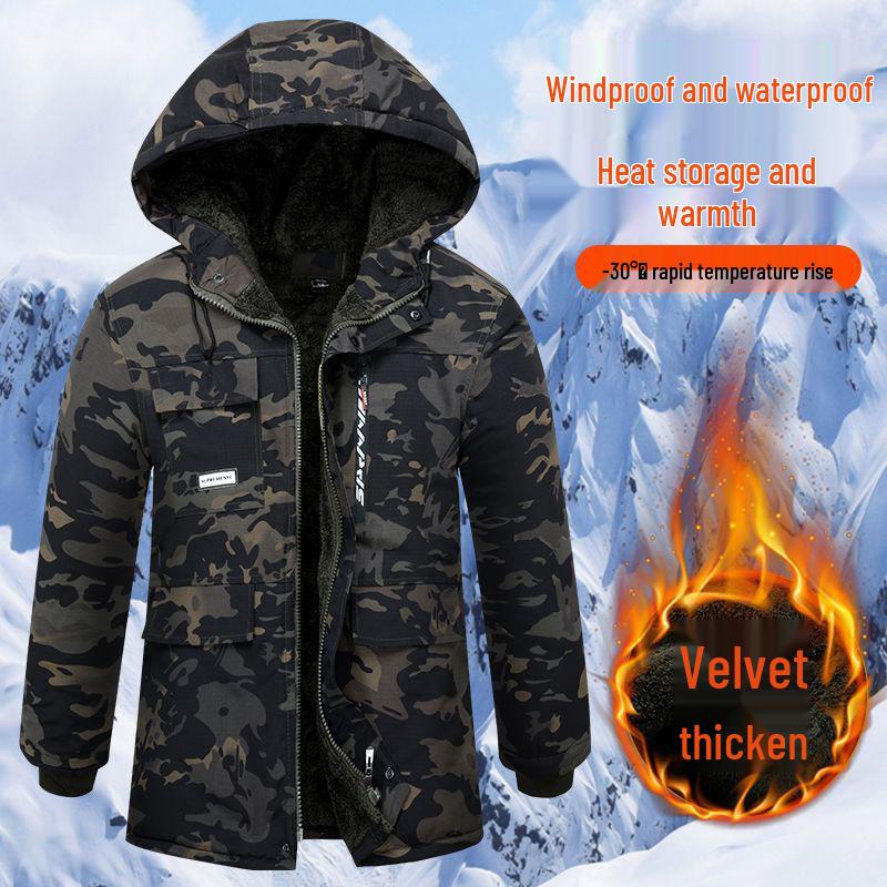 Camouflage Gefütterte Wasserdichte Baumwolljacke – Mittellang, Dick, Warm & Verschleißfest
