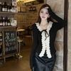 Autumn and Winter French Chic Slim-fitting Ruffle Edge V-neck Black Design Sense Niche Sweater Knitted Sweater Women