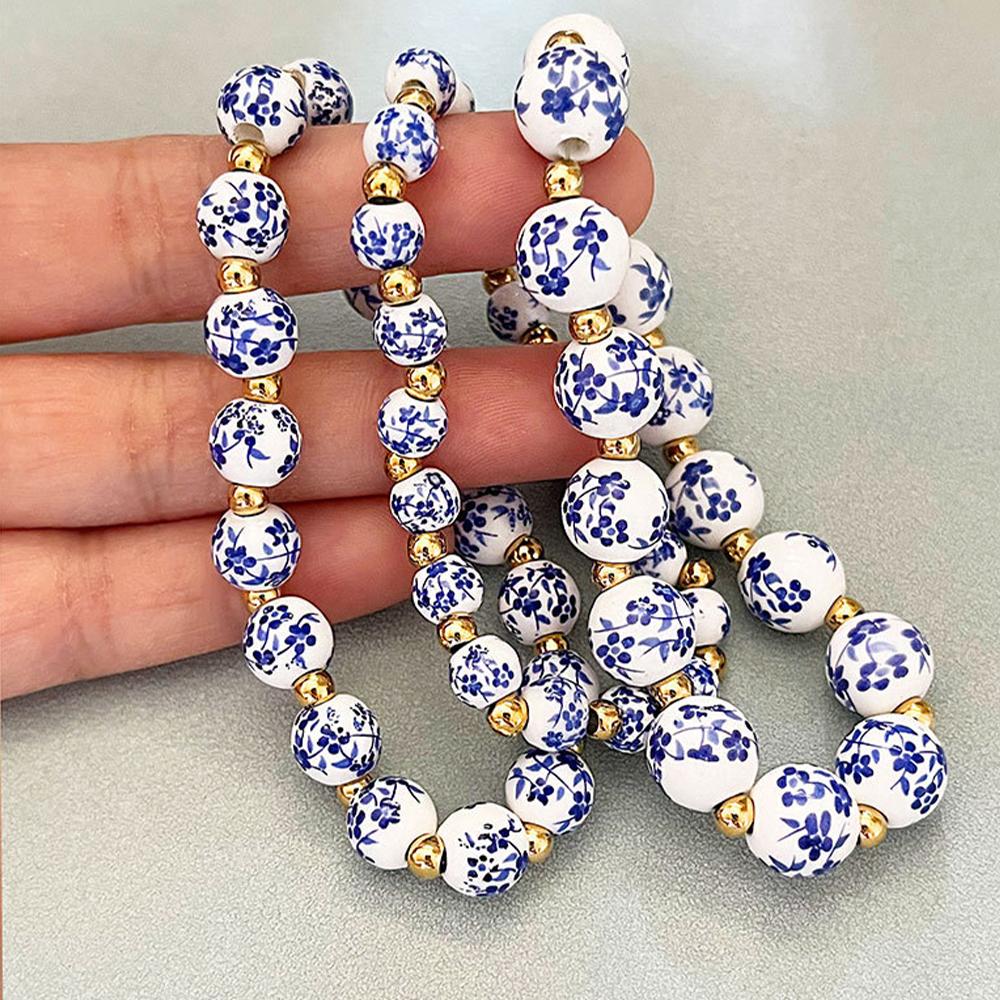 6/8/10mm Ceramic Beaded Bracelet with Gold Color Stainless Steel Beads Vintage Blue and White Porcelain Stretch Jewelry Women