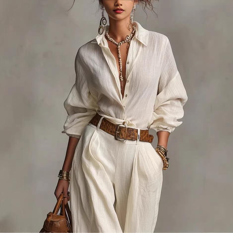 Cross-border foreign trade solid color women's clothing 2026 independent station long-sleeved button-up decorative shirt two-piece set women's