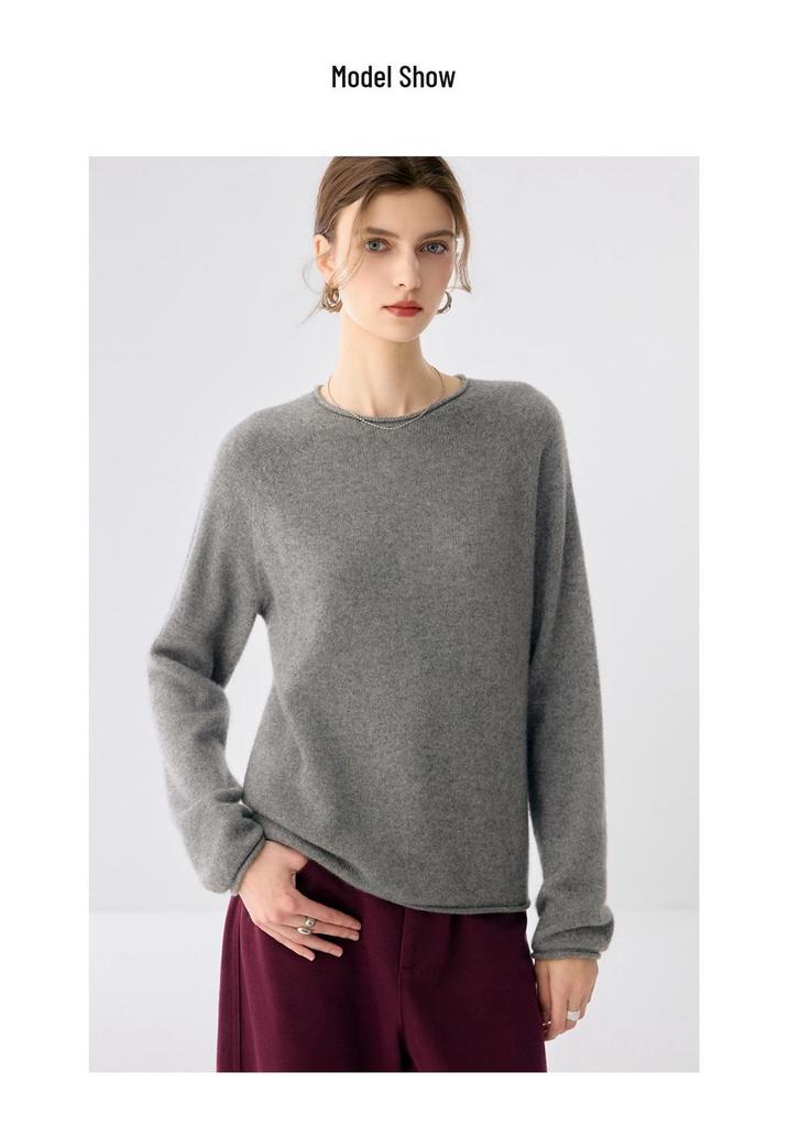 Lekasha Cashmere Goat Wool 7-Gauge Loose Pullover Sweater with Rolled Hem for Autumn and Winter