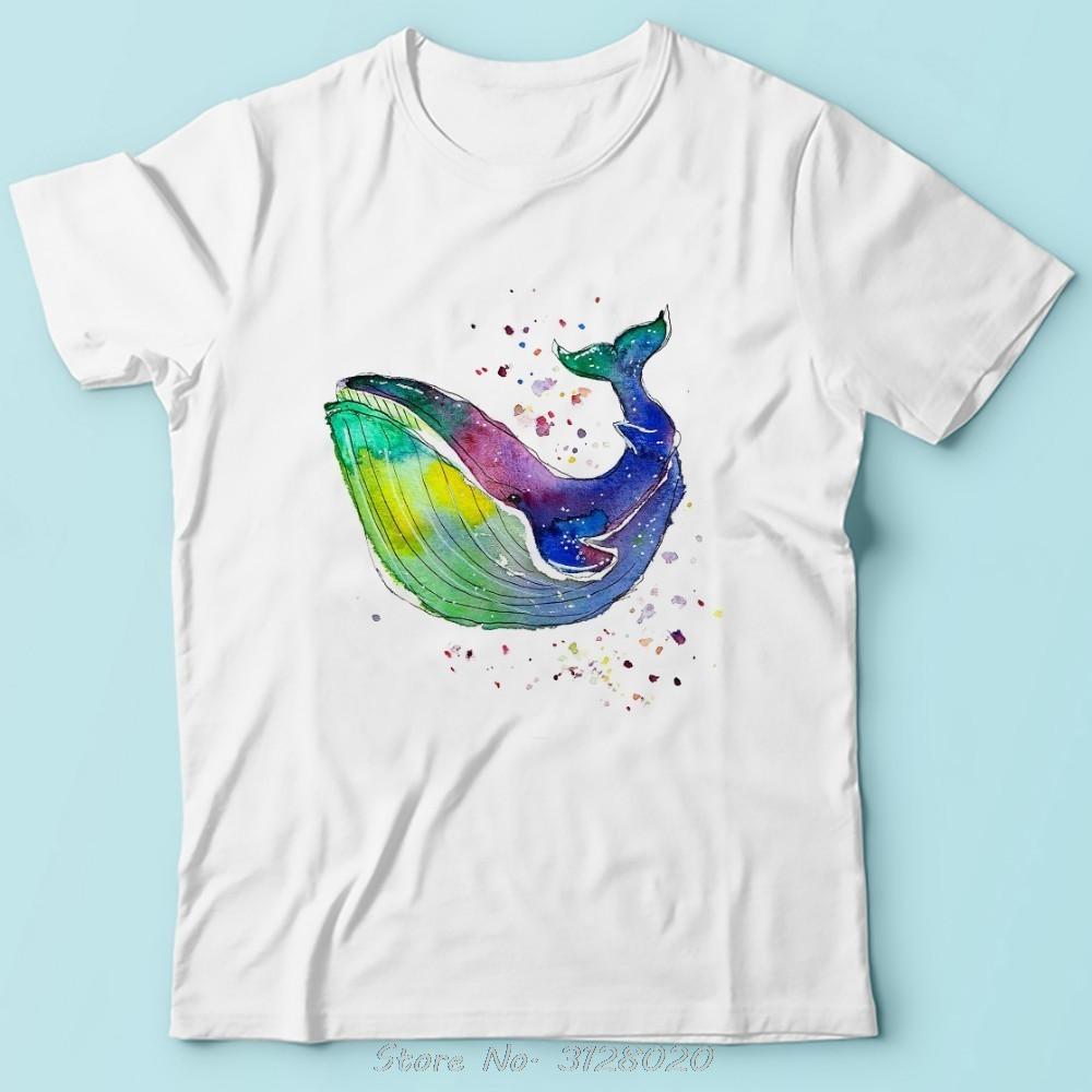 T-shirt Été Nouveau Baleine Aquarelle Drôle Hommes Manches Courtes Blanc Casual T-shirt Unisexe T-shirts Hip Hop Harajuku