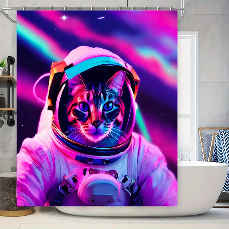 

Space Explorer Cat Bath Mat Astronaut Shower Curtain Neon Purple Pink Blue Galaxy Space Decor For Bathroom Perfect Gift Ideas Fo W60H190(CM)-1 Pcs