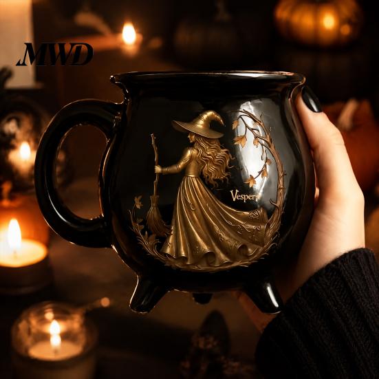 Decorazione Casa Magica Stregoneria Tazza Caldaia Strega di Halloween, 350ml Pentola Magica Vintage Gotica a 3 Gambe, Barattolo Contenitore da Scrivania per Ufficio Gatto Nero Ceramica