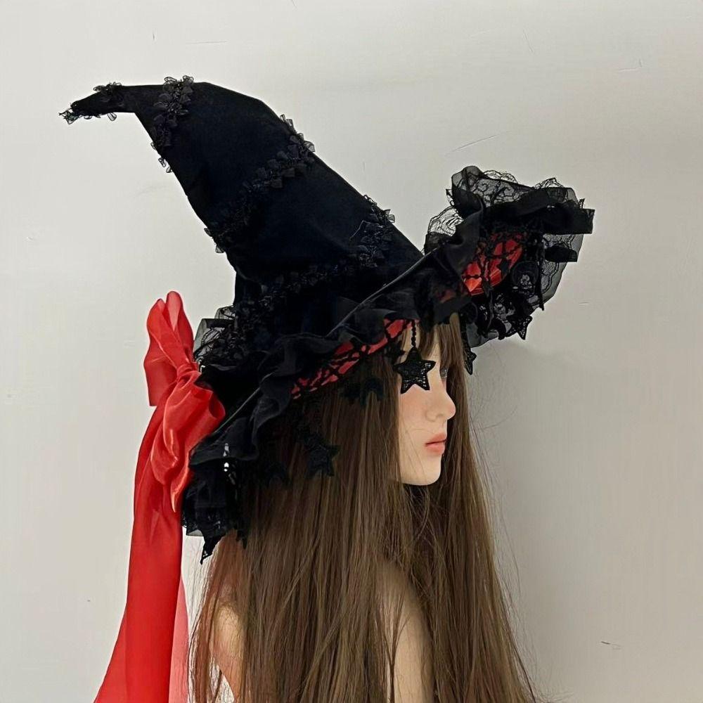 Lace Lolita Witch Hat Bow Ribbon Cosplay Accessories Party Headwear Wizard Cap Women's Costume