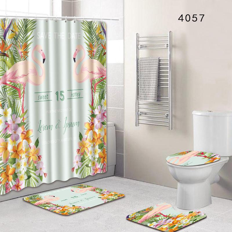 Flamingo Bathroom Shower Curtain Floor Mat Toilet Cover Foot Mat Four-Piece Pattern Size