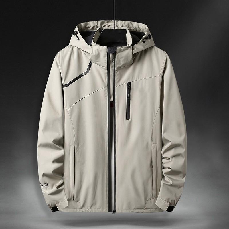 Men's Spring and Autumn Solid Color Plus Size Single Layer Punching Jacket Long Sleeve Hooded Outdoor Mountaineering Jacket