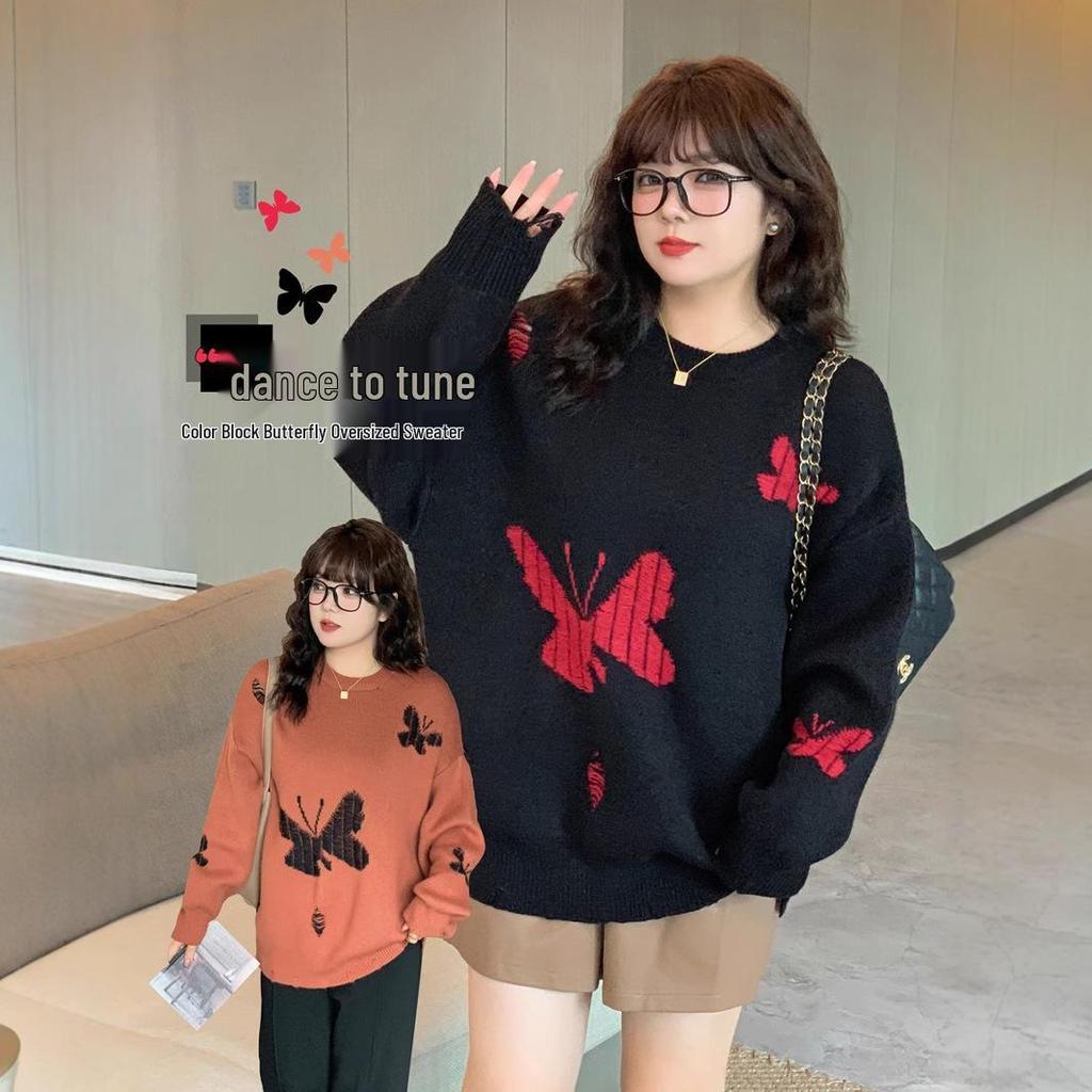 XHK2568 Plus Size Women's Winter Sweater - Hollow Out Butterfly Design, Soft and Cozy