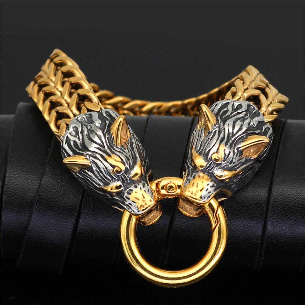 Bracciali Punk Vichinghi Norreni Testa di Lupo Catena a Rete in Acciaio Inossidabile Colore Oro Braccialetto Amuleto Nero Antico Gioielli Accessori Maschili
