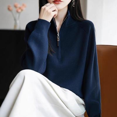 Suéter de Punto de Moda con Cuello Alto y Cremallera, Estilo Nuevo para Primavera y Otoño para Mujer