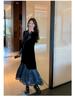 Golden Velvet Dress Women Autumn New Style Round Neck Fitted Waist Slimming Patchwork Mesh Long Sleeve Fishtail Dress